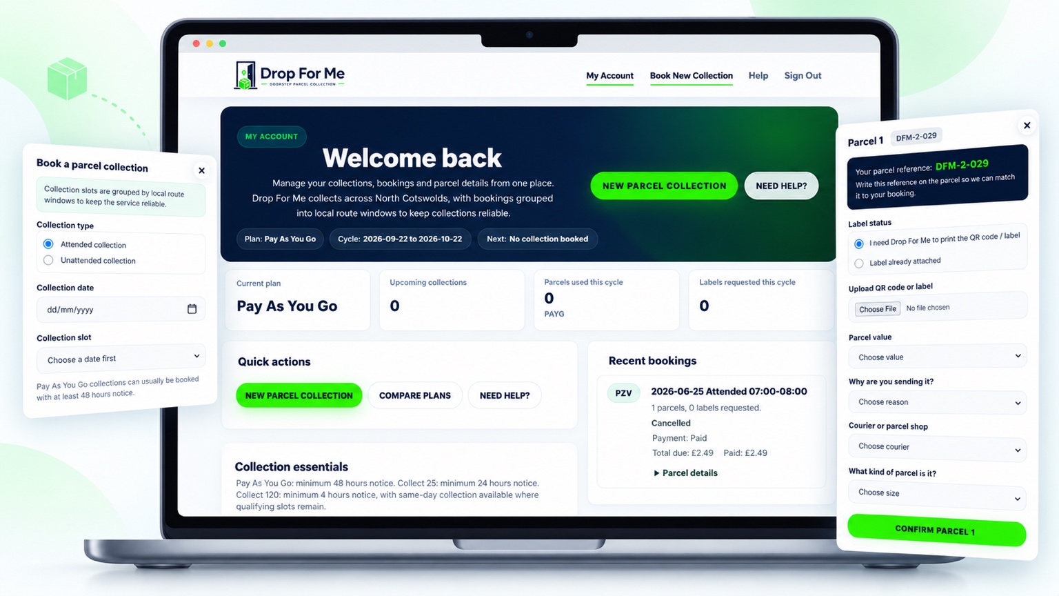 Preview of the Drop For Me customer account dashboard