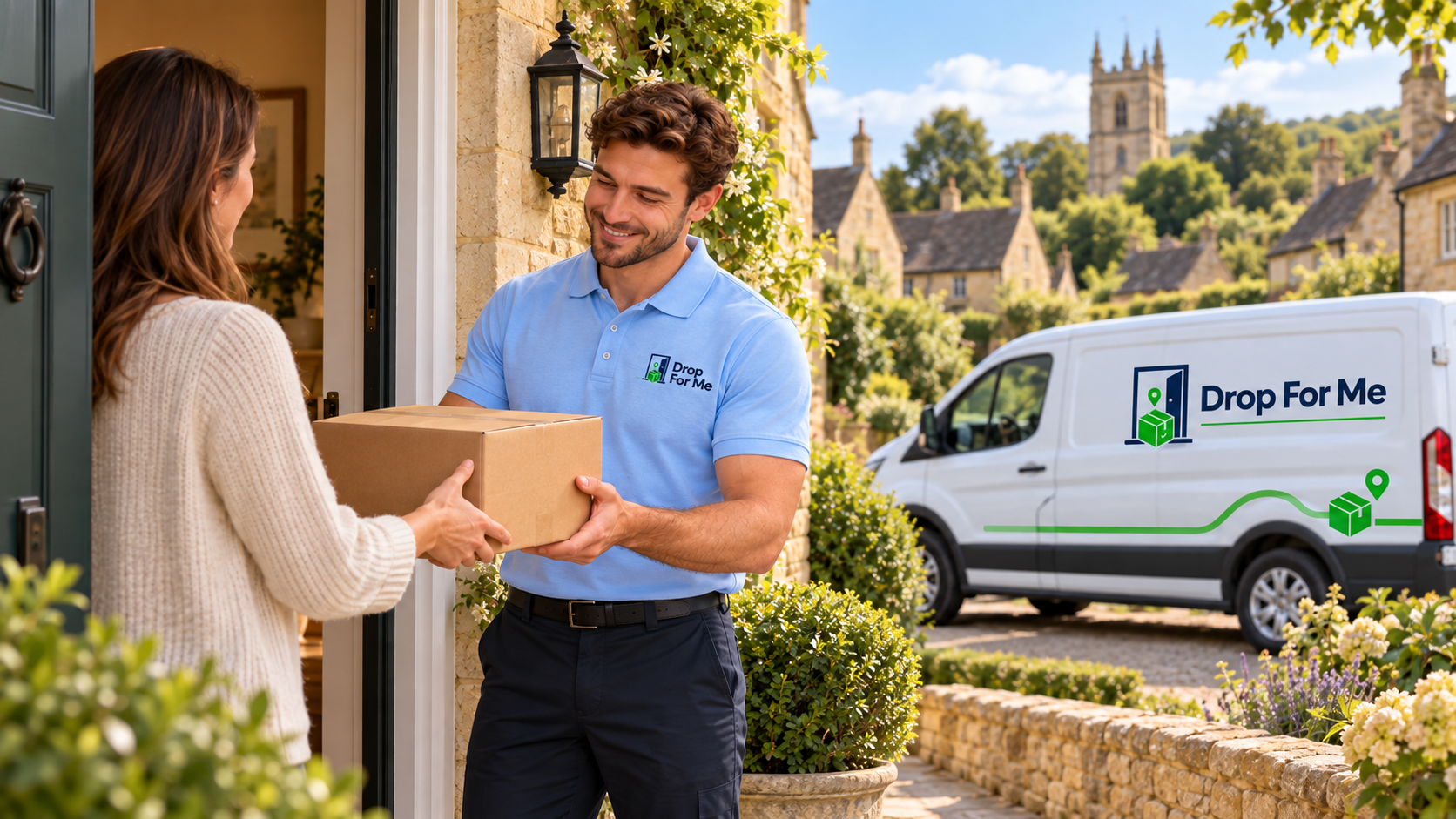 A Drop For Me team member collecting a plain parcel from a customer's front door in the Cotswolds, with a branded van outside