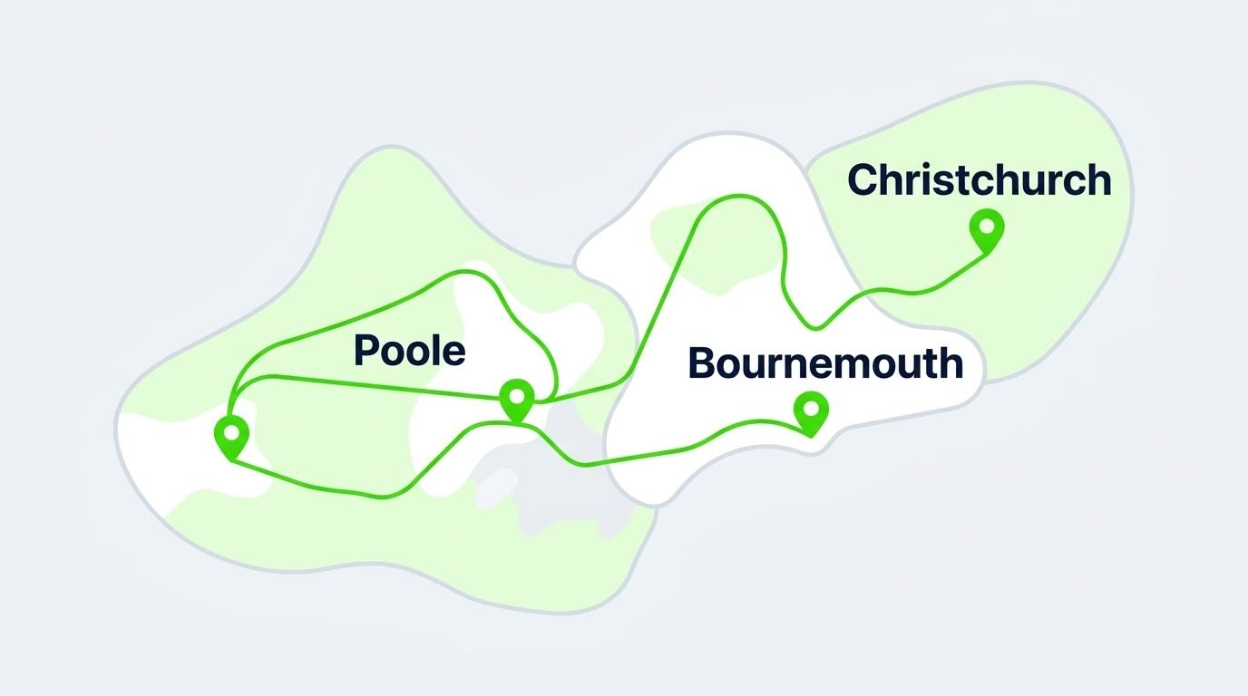 Stylised map showing Poole, Bournemouth and Christchurch connected by a green route line.