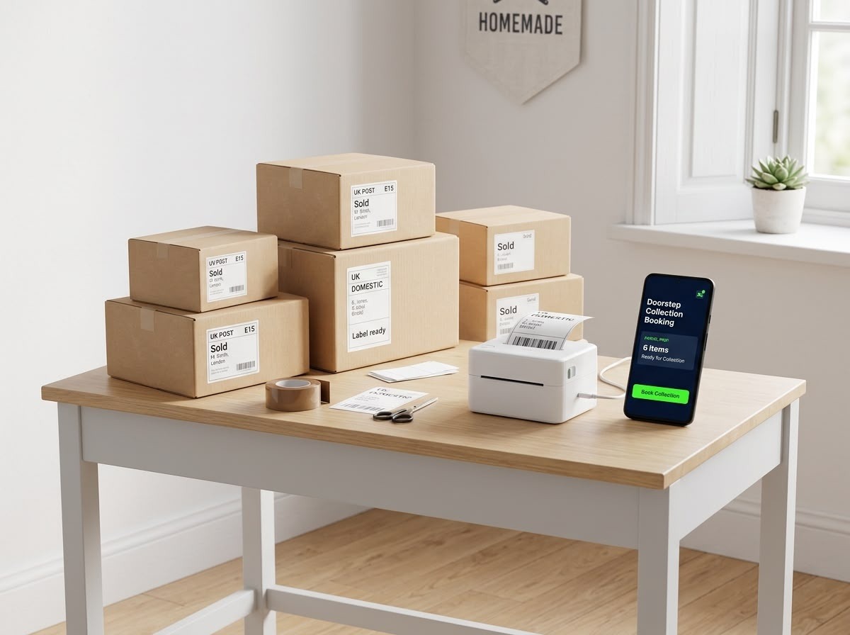 Seller packing table with parcel boxes, shipping labels, thermal printer and phone booking screen.
