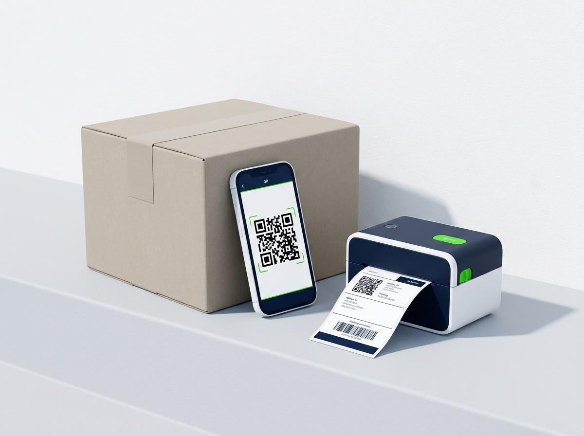 Parcel box beside a phone showing a QR code and a thermal printer printing a parcel label.