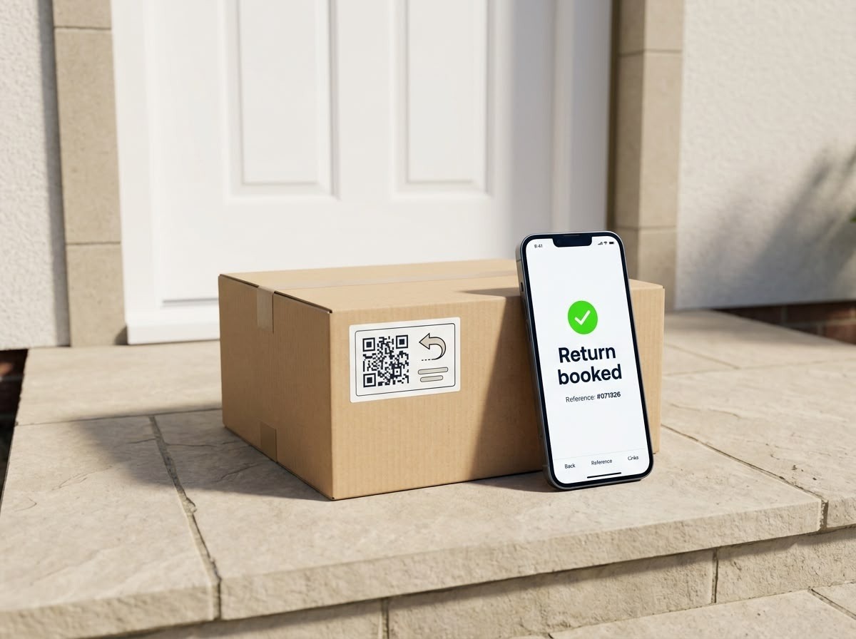 Return parcel at a doorstep with a phone showing return booked.